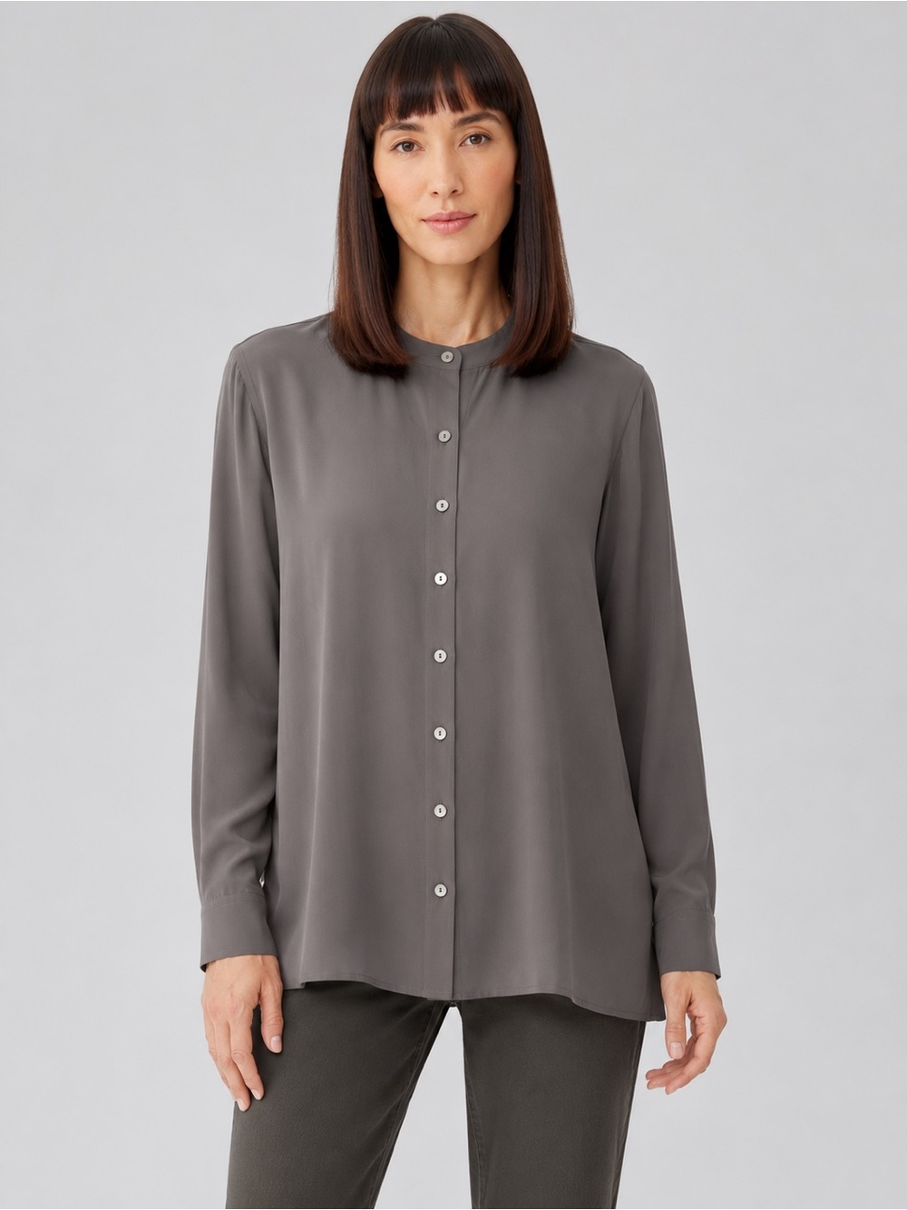 Eileen Fisher NWT 100% Silk The Long Shirt Gray Button Front Blouse Women S